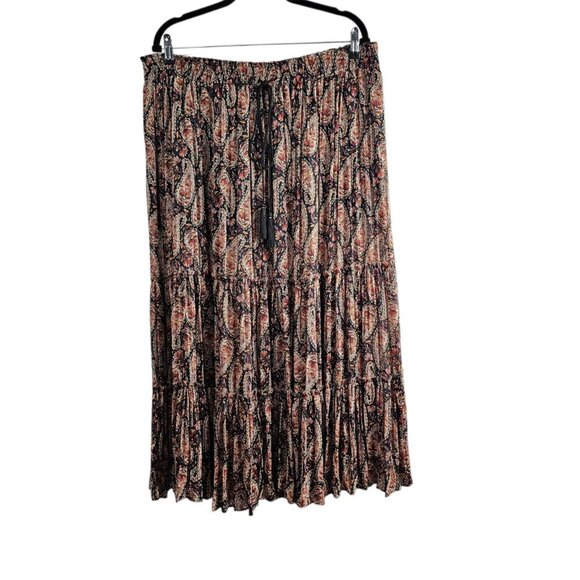 ZARA New Paisley Floral Print Metallic Boho Tiered Full Black Midi Skirt - Picture 6 of 13